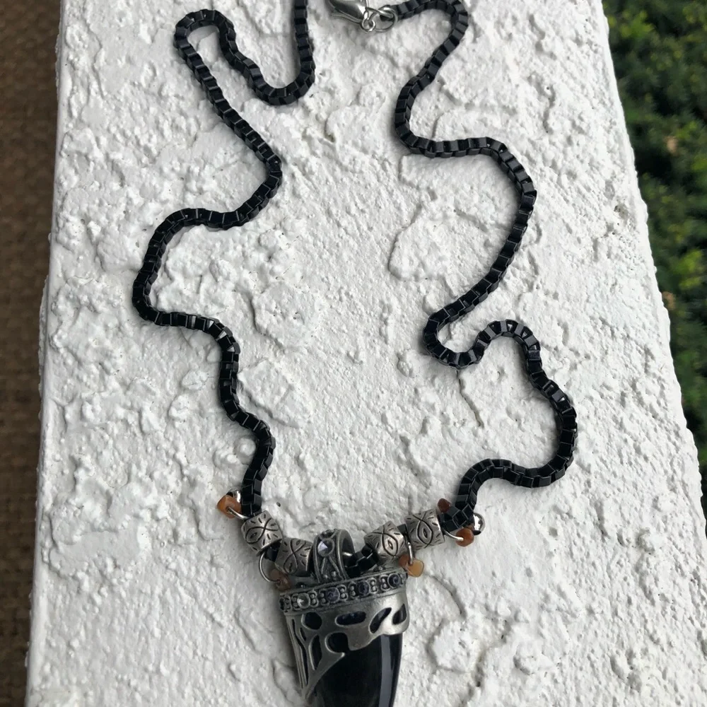 Chico's Black Bead Necklace with Silver-Tone Pendant and Brown Accent Beads